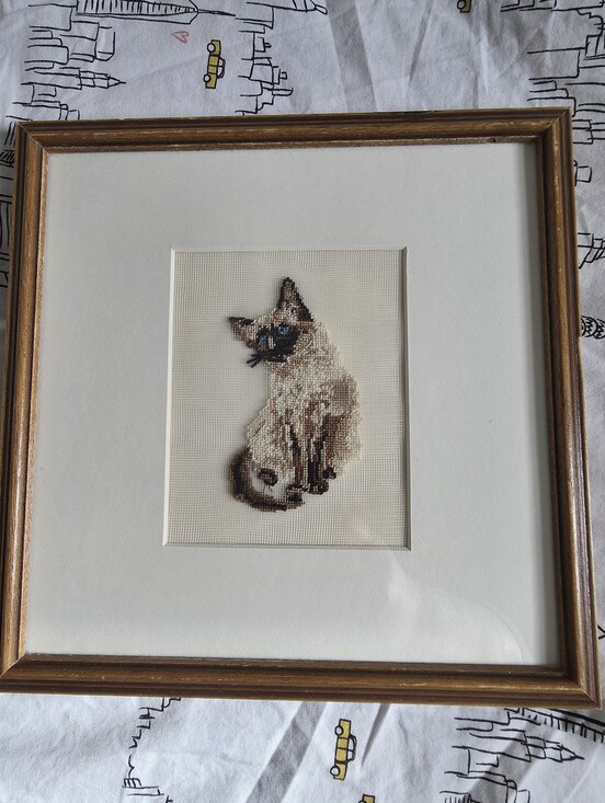 Other - Framed vintage Siamese Cat embroidery/ petit point/ cross-stitch piece